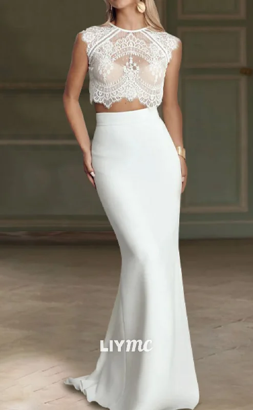 LW685 - Bateau Sleeveless Appliques Two Piece Mermaid Beach Wedding Dress