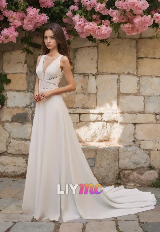 LW487 - A-Line V-Neck V-Back Cut-Outs Floor-Length Wedding Dress With Sweep Train