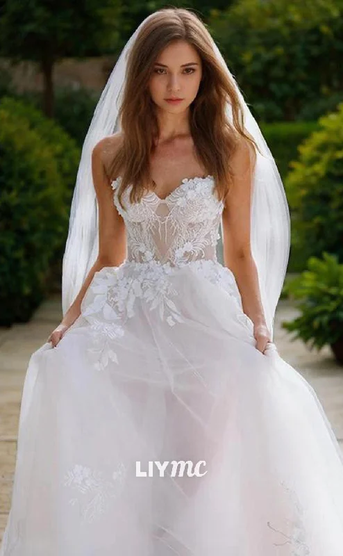 LW641 - A-Line Sweetheart Sweep Train Tulle Wedding Dresses With Appliques Lace