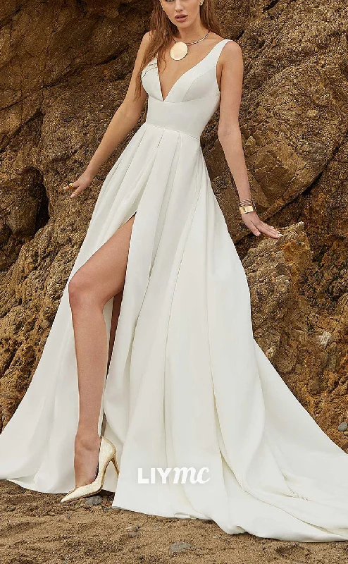 LW894 - V-Neck Sleeveless Sleek Satin High Slit Pleated Beach Wedding Dress