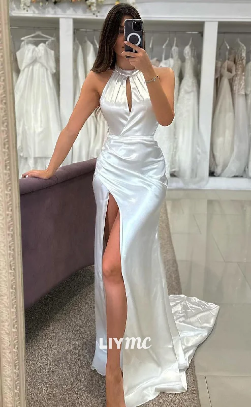 LW448 - Halter Sleeveless Cut Outs Pleated Ruched Mermaid Beach Wedding Dress