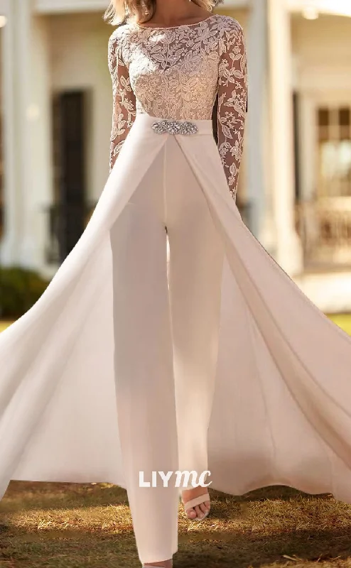 LW674 - Bateau Appliques Long Sleeves Sleek Satin Beach Wedding Dress