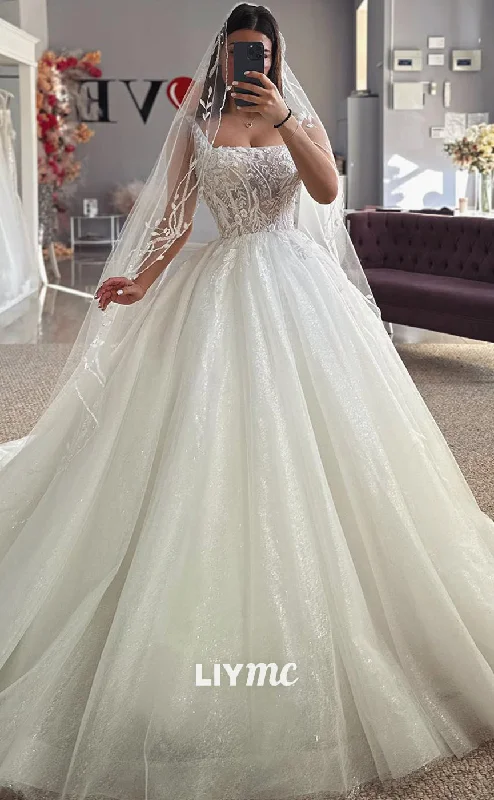 LW444 - Square Sleeveless Sheer Appliques Tiered A-Line Ball Gown Wedding Dress