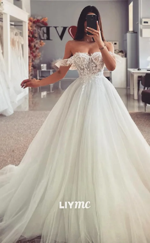 LW446 - Sweetheart Strapless Tulle Lace Appliques Sheer Tiered Ball Gown Wedding Dress