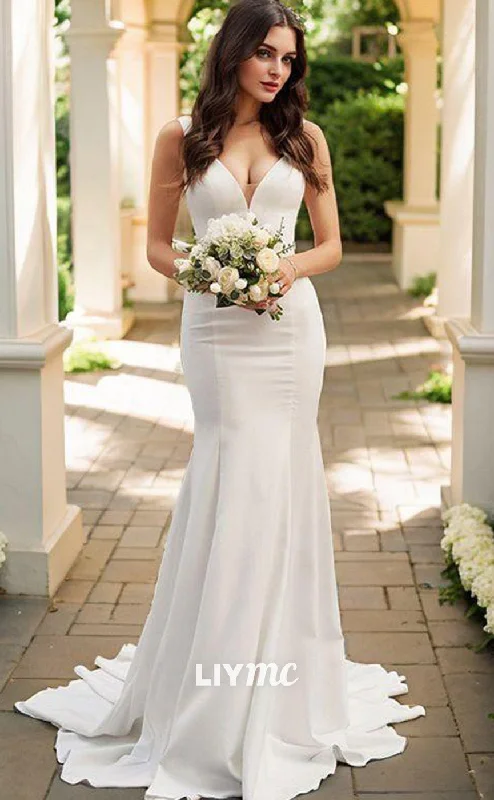 LW557 - Trumpet Mermaid Satin V-neck Ruffles Sleeveless Court Train Wedding Dresses