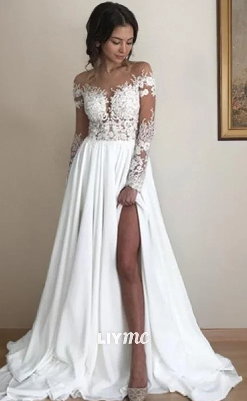 LW554 - A-Line Scoop Sweep Train Chiffon Wedding Dresses With Leg Slit