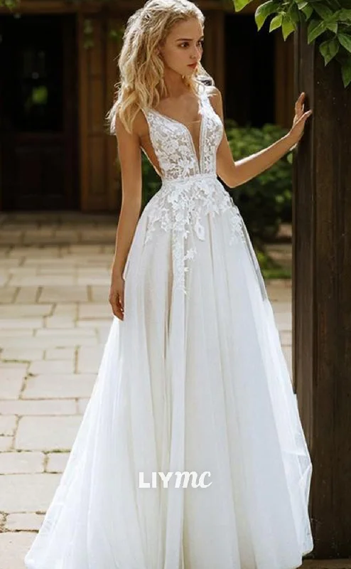 LW627 - A-Line V-neck Sweep Train Tulle Wedding Dresses