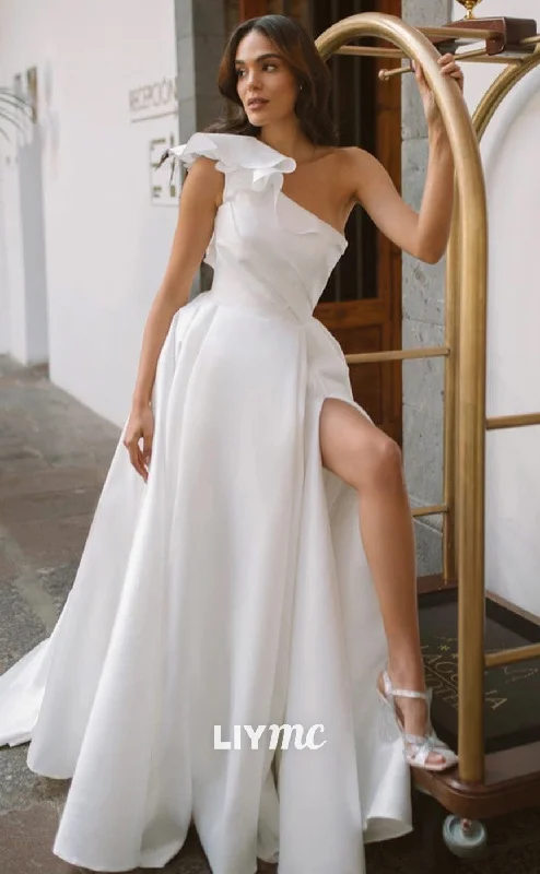 LW771 - Asymmetrical Sleeveless Floral Embellished Lace-Up Satin A-Line Wedding Dress