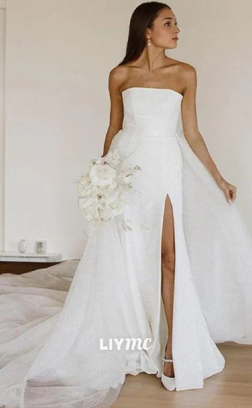 LW614 - A-LinePrincess Strapless Cathedral Train Stretch Crepe Wedding Dresses With Leg Slit