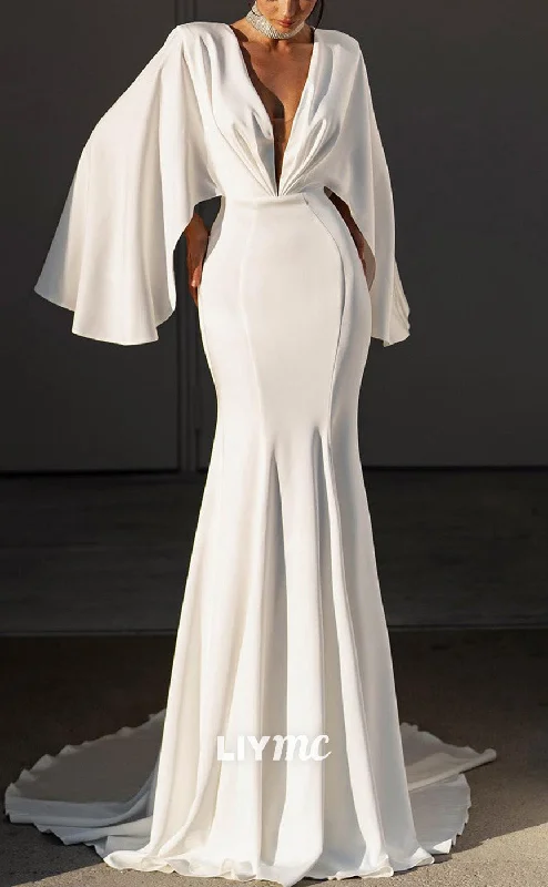 LW852 - Low V-Neck Long Sleeves Pleated Sleek Satin Mermaid Beach Wedding Dress