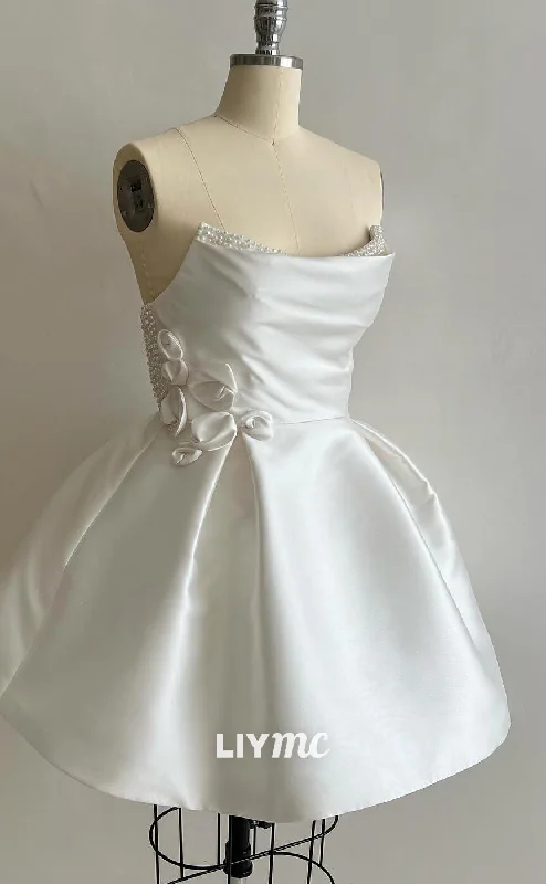 LW881 - Scoop Sleeveless Pleated Floral Embellished A-Line Short Satin Beach Wedding Dress