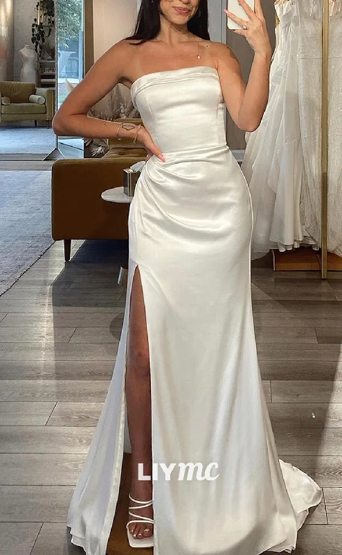 LW707 - Straight Across Sleeveless Sleek Satin High Slit Wedding Dress