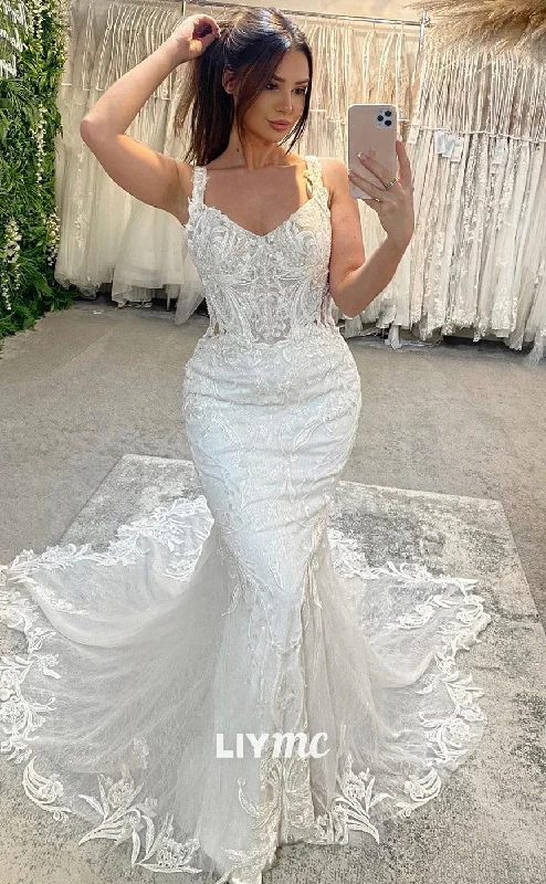 LW473 -  Trumpet Straps Lace Floral Appliqued Backless Wedding Dress With Sweep Train