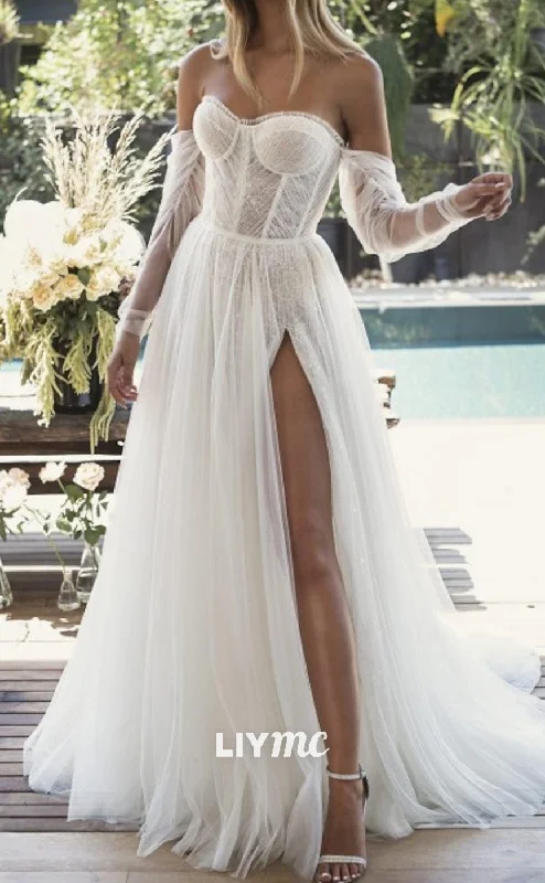 LW673 - Semi-Sweetheart Tulle High Slit Beach Wedding Dress