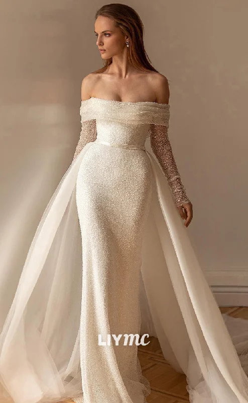 LW514 -  Sheath Off Shoulder Long Sleeves Sequins Fully Beaded Long Wedding Dress with Overlay