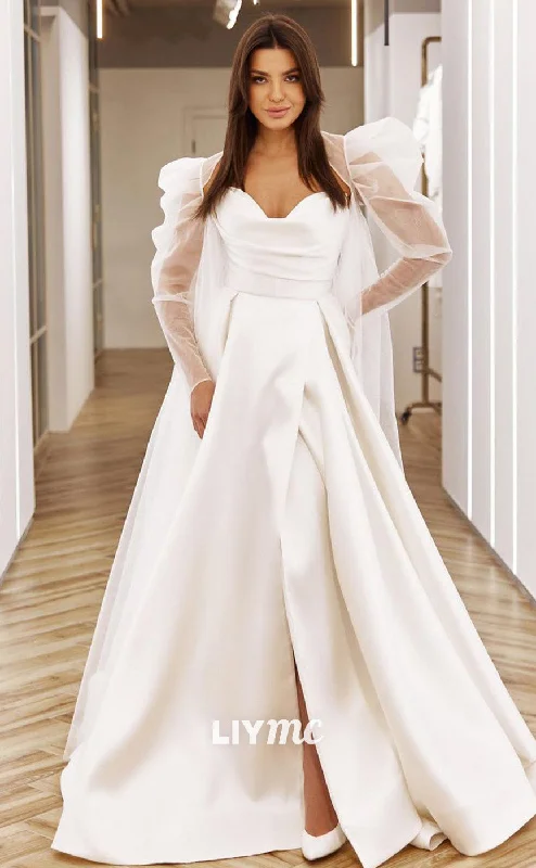 LW525 - V-Neck Long Sleeves Sleek Satin Pleated Simple A-Line Wedding Dress