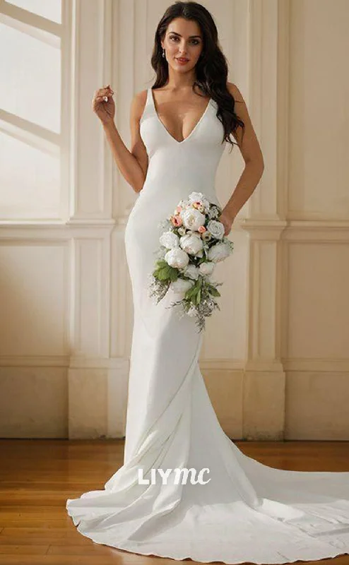 LW562 - Sheath Column Stretch Crepe V-neck Sleeveless Court Train Wedding Dresses