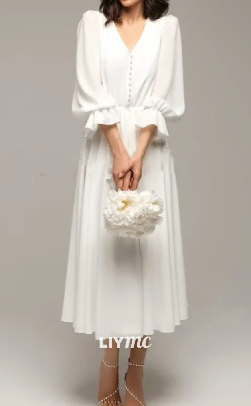 LW691 - V-Neck LOng Sleeves Knee-Length Sleek Satin Beach Wedding Dress