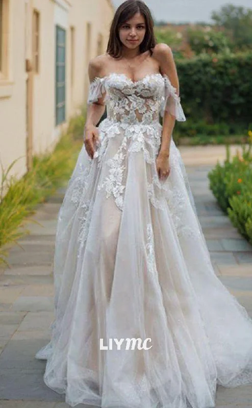 LW620 - A-Line Off-the-Shoulder Sweep Train Lace Wedding Dresses