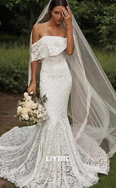 LW569 - Trumpet Mermaid Off-the-Shoulder Sweep Train Lace Wedding Dresses