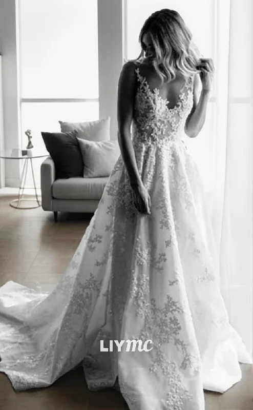 LW635 - A-Line Princess V-neck Sweep Train Lace Wedding Dresses With Appliques Lace