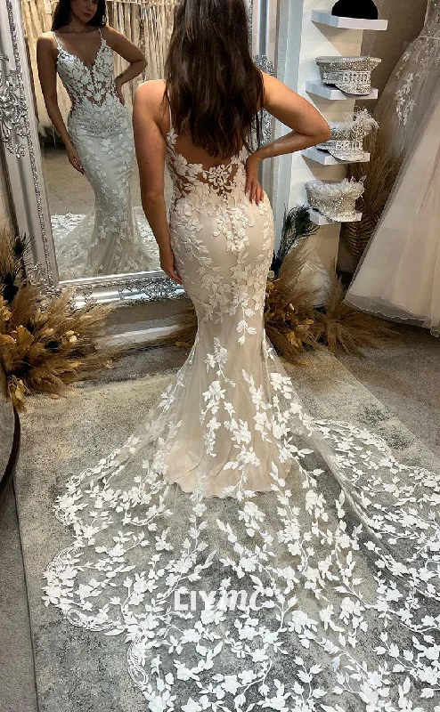 LW468 - Sexy Mermaid Straps V-Neck Fully Floral Appliqued Wedding Dress With Court Train