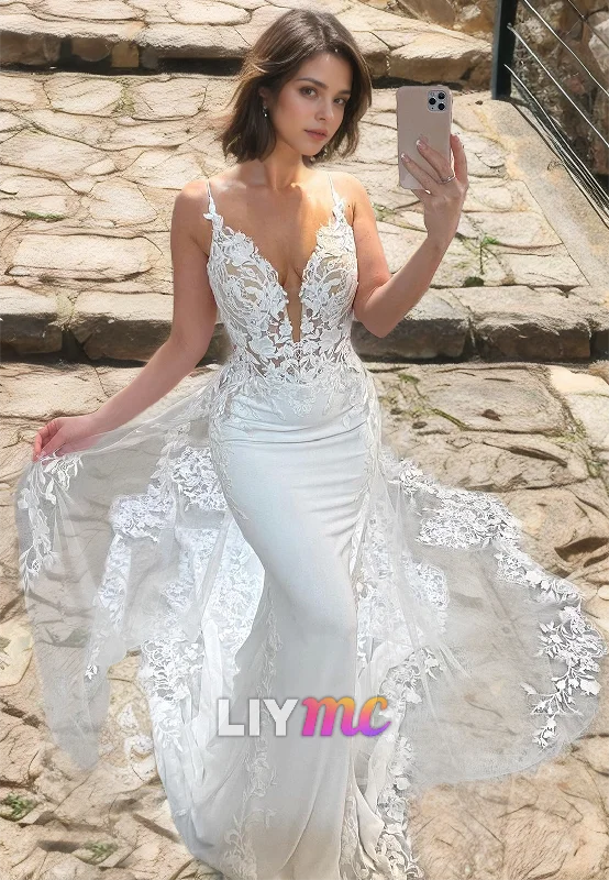 LW469 - Mermaid V-Neck Spaghetti Straps Lace Appliques Wedding Dress With Court Train