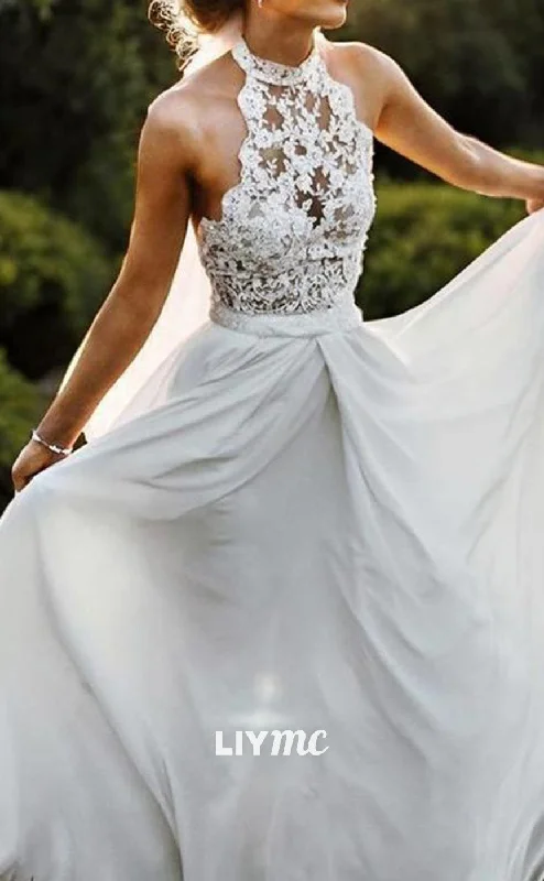 LW622 - A-Line Halter Floor-Length Chiffon Wedding Dresses With Lace