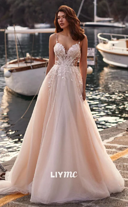 LW465 - Spaghetti Straps Appliques Backless High Slit Tulle Tiered A-Line Wedding Dress