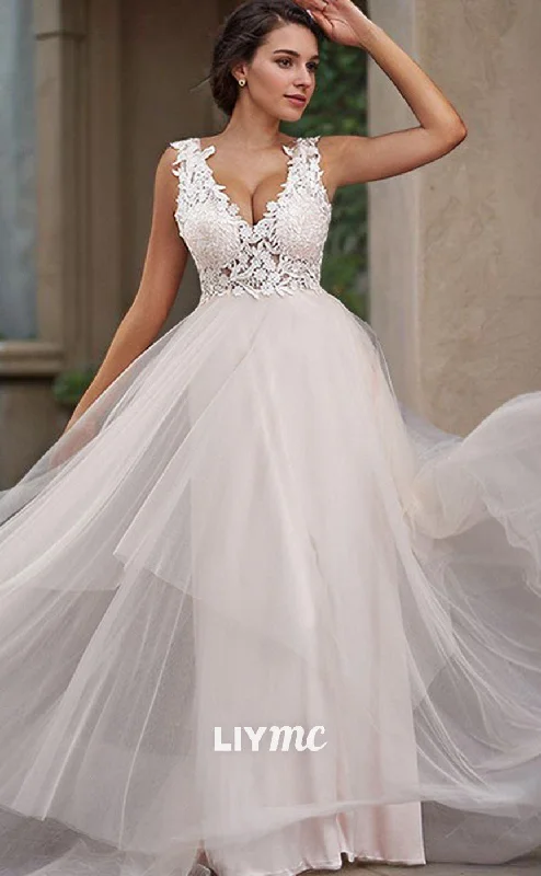 LW640 - A-Line Princess Tulle Applique V-neck Sleeveless Sweep Train Wedding Dresses