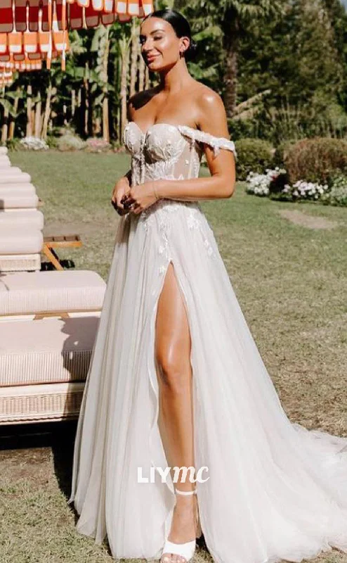 LW652 - Off-Shoulder Floral Appliques High Slit A-Line Beach Wedding Dress