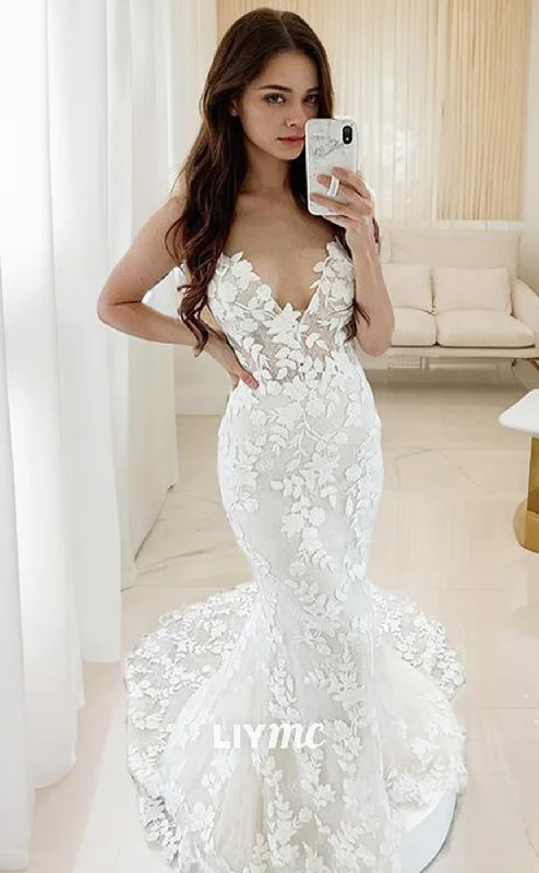 LW565 - Trumpet Mermaid V-neck Sweep Train Tulle Wedding Dresses