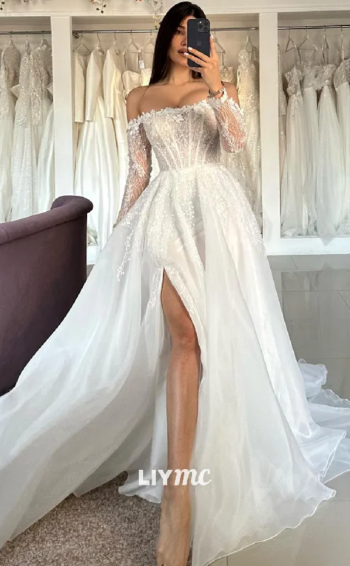 LW445 - Off-Shoulder Long Sleeves Floral Appliques Side Slit A-Line Wedding Dress