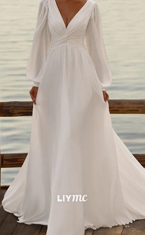 LW672 - V-Neck Long Sleeves Pleated Sleek Chiffon Sweep Train A-Line Beach Wedding Dress