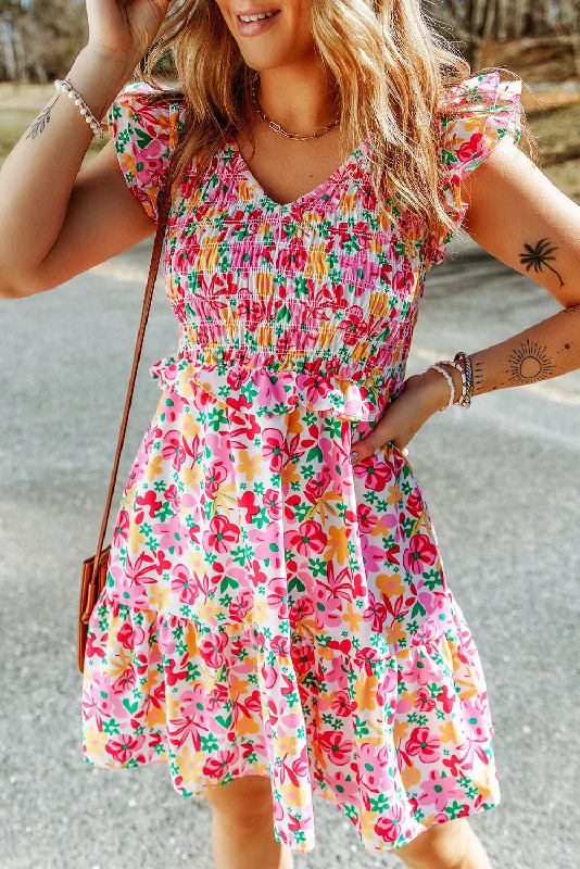 Smocked Bodice Ruffle Trim Floral Dress