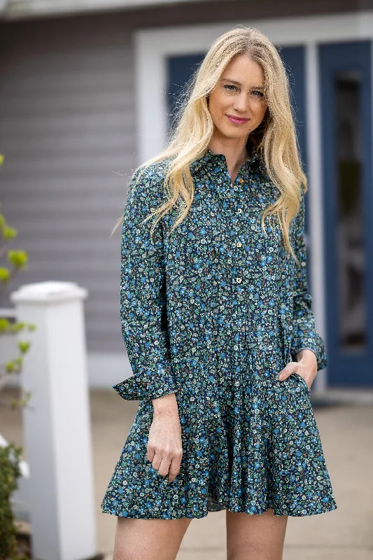 The Iris Drop Waist Shirt Dress in Green Floral