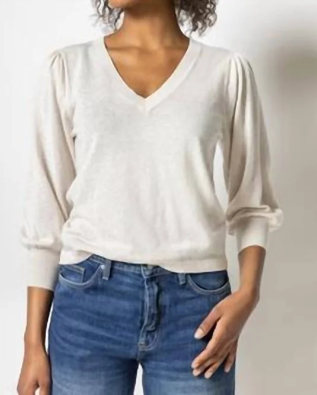 3/4 Puff Sleeve V-Neck Sweater In Oat