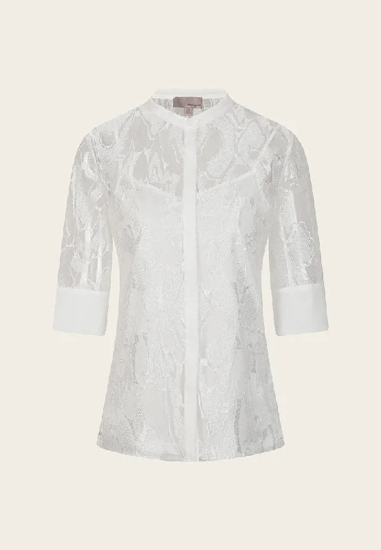 White Jacquard Lace Mid Sleeve See-through Shirt