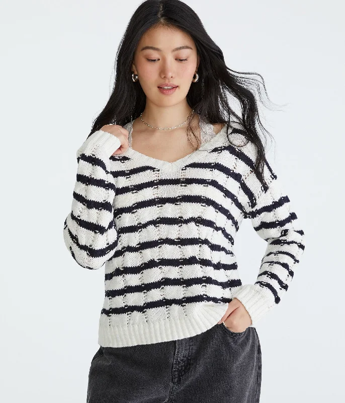 Aeropostale Wear 2 Ways Striped Oversized Cable Sweater