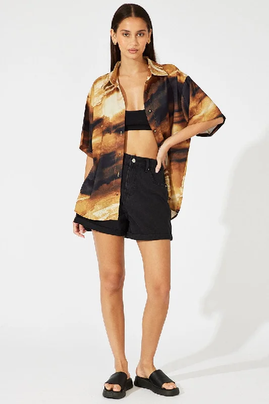 Brown Abstract Satin Shirt Short Sleeve