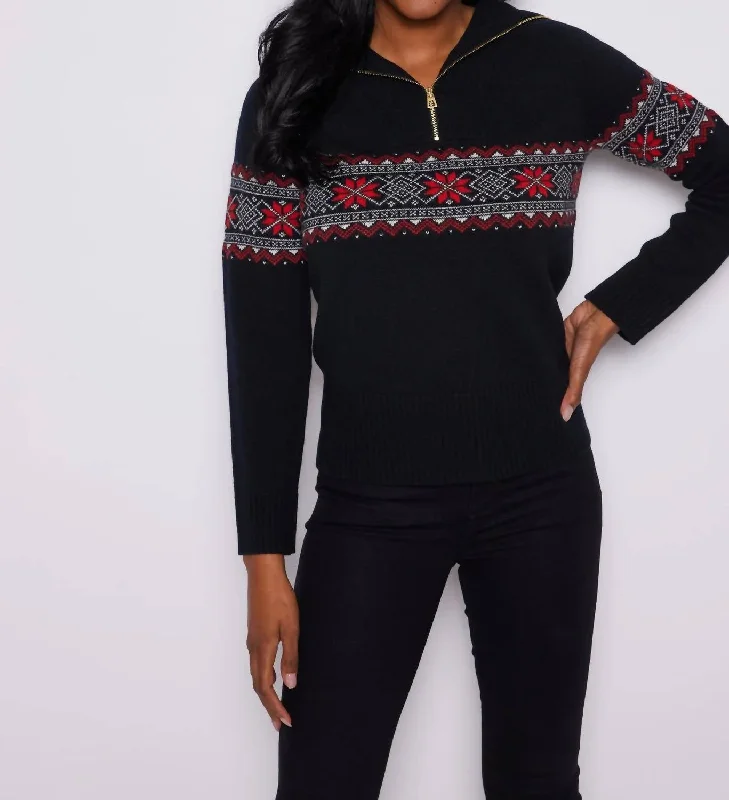 Fairisle Zip Sweater In Black