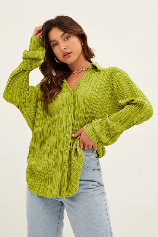 Green Plisse Shirt Long Sleeve V Neck Longline