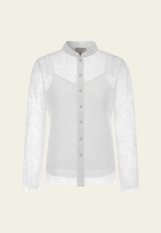 Stand-collar Crystal-button Lace Shirt