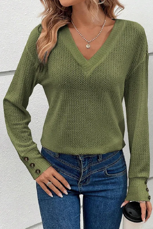 Textured Knit V Neck Button Cuffs Long Sleeve Top