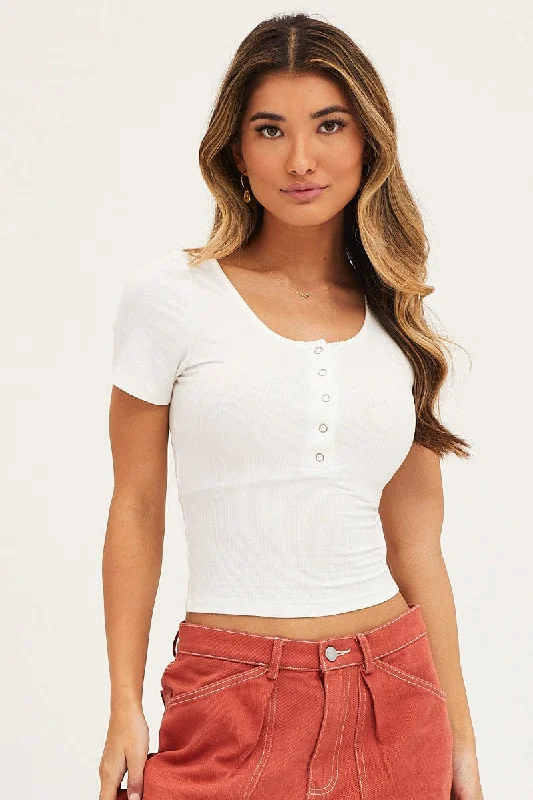 White Press Stud T Shirt Ribbed